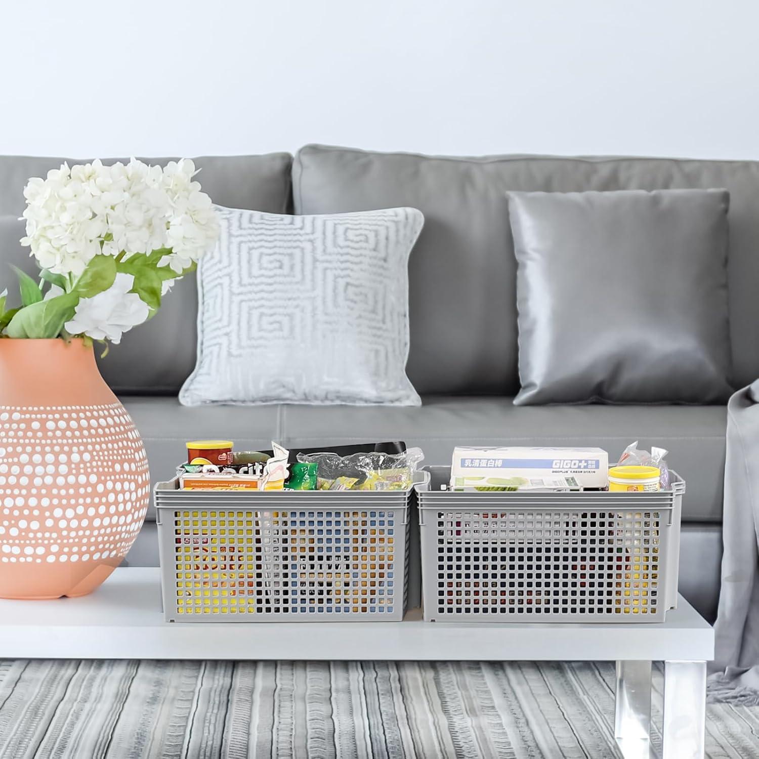 Gray Rectangular Stacking Plastic Storage Baskets, 13 Quart Capacity, Set of 6