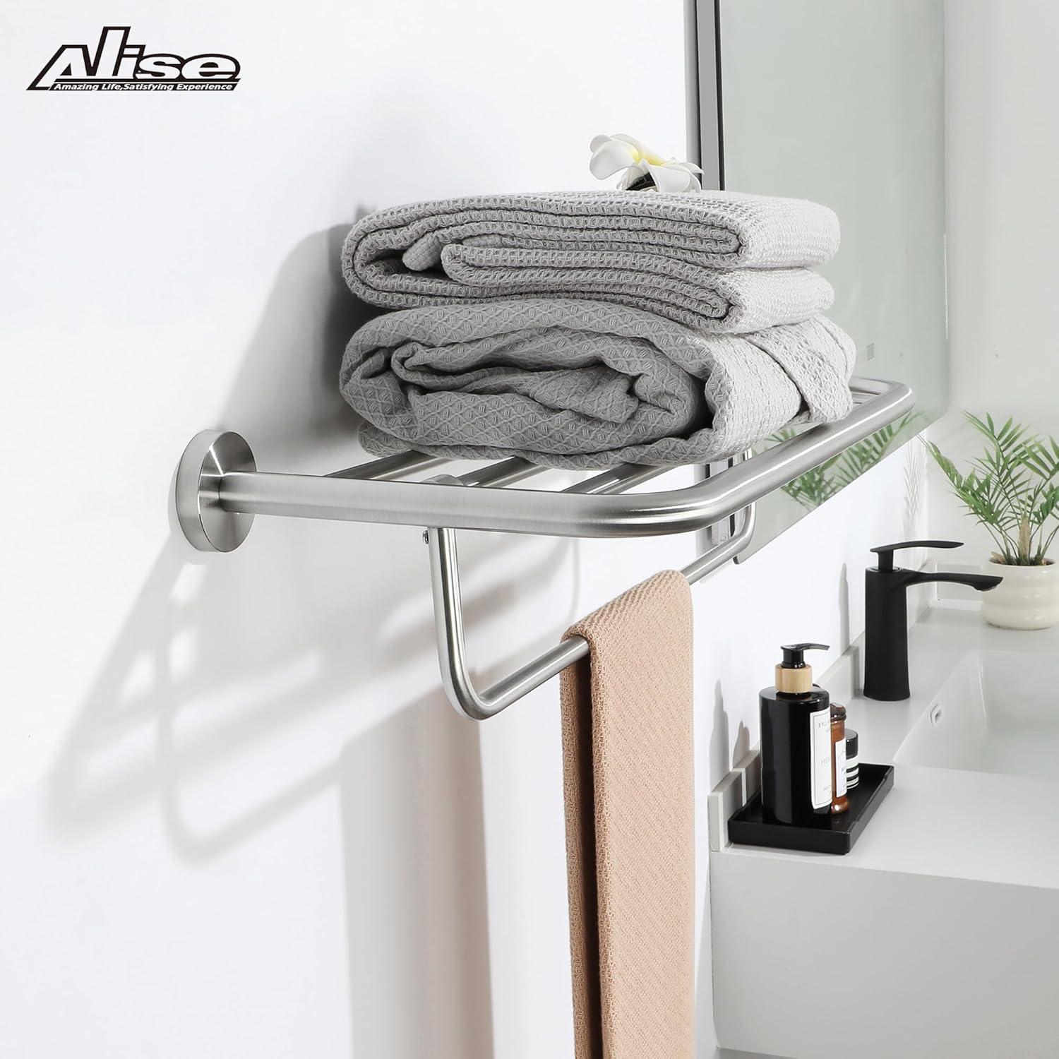 Bathroom Towel Rack，Stainless Steel Towel Shelf with Towel Bar 24-Inch Towel Holder for Bathroom Wall Mounted Towel Storage Organizer for Bathroom & Lavatory（Brushed Silver）