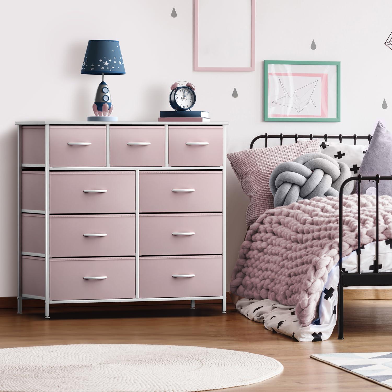 Pink 9-Drawer Fabric Storage Dresser with Steel Frame