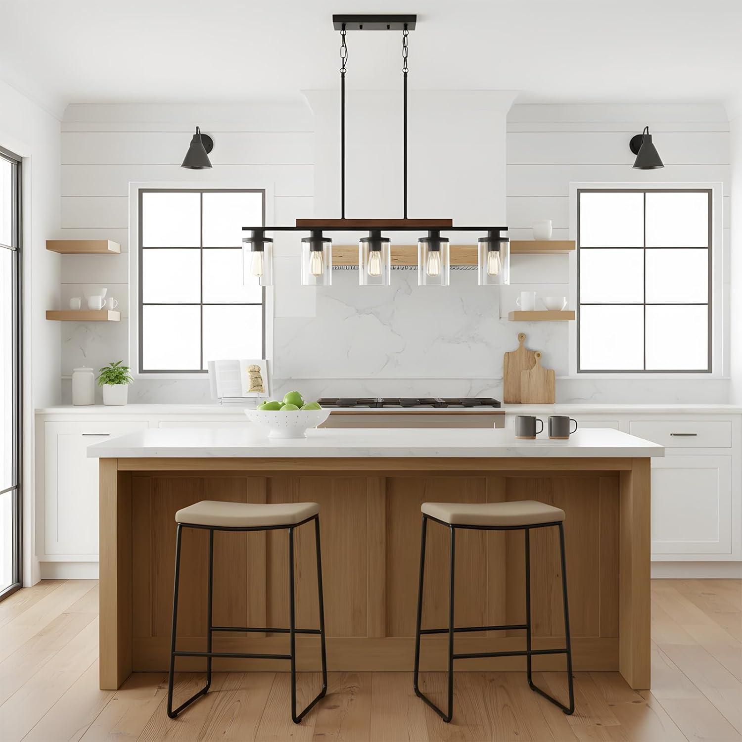 Black Farmhouse Chandelier, 5-Light Island Lights for Kitchen in Metal Finish with Clear Glass Shades, 37" Dining Room Chandelier, Linear Pendant Lighting for Foyer, Bar, Pool Table