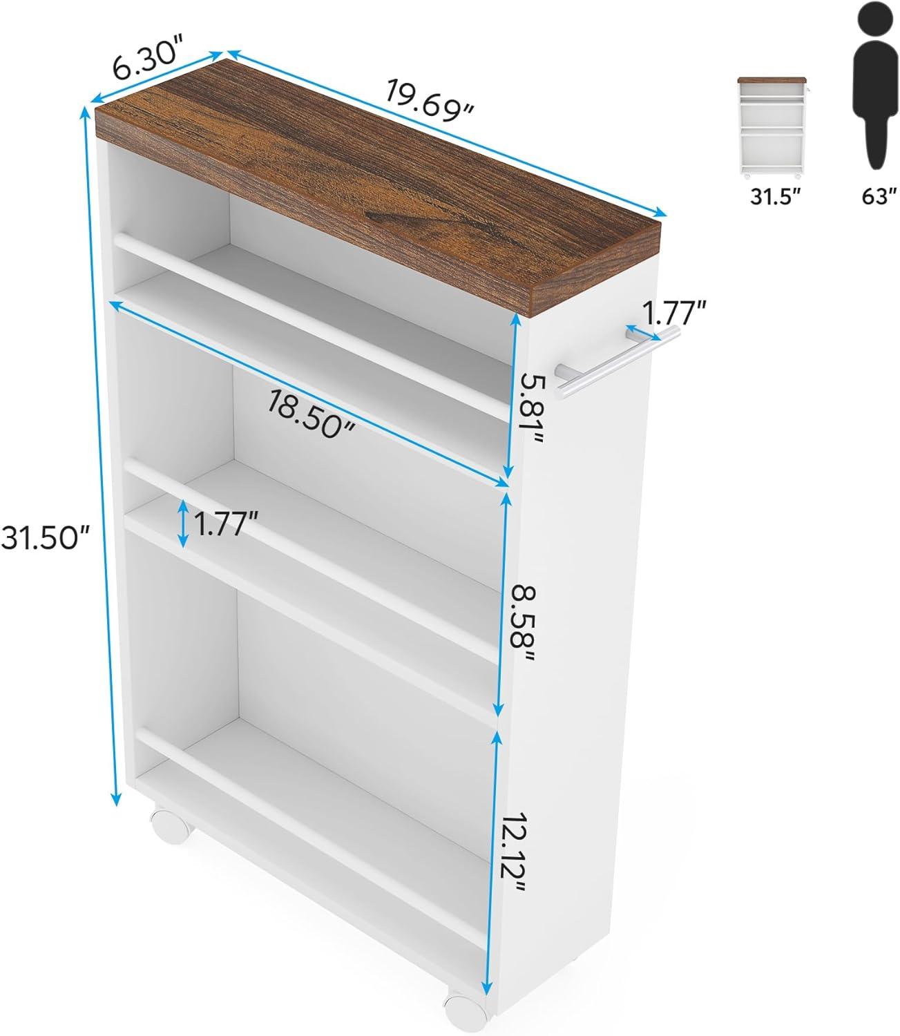 White and Brown Slim Rolling Kitchen Cart with Storage