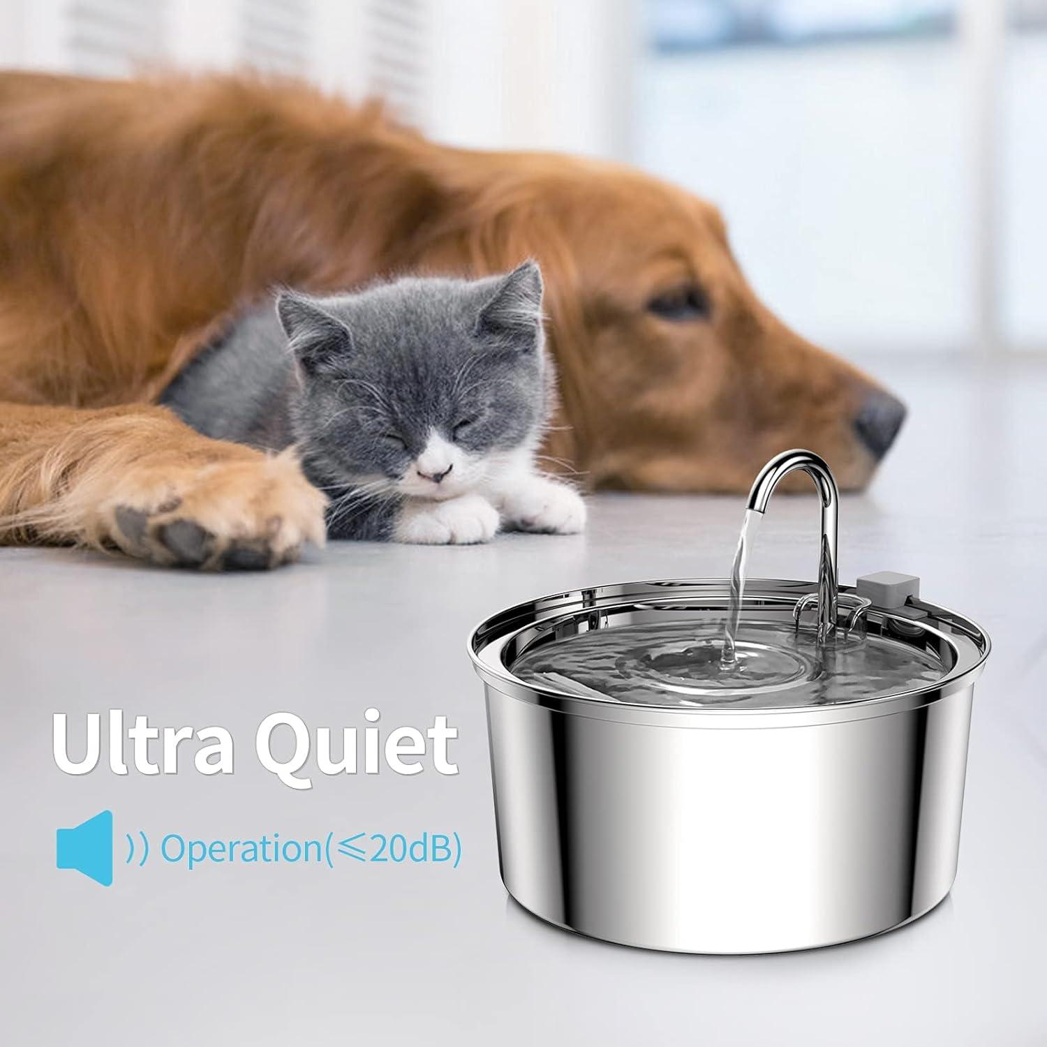 Oiwliur Cat Water Fountain, 3.2L/108oz Stainless Steel Automatic Water Dispenser, Pet Water Fountain with Ultra-Quite Pump and 3 Replacement Filters for Cats, Dogs, and Multiple Pets (Silver) C9