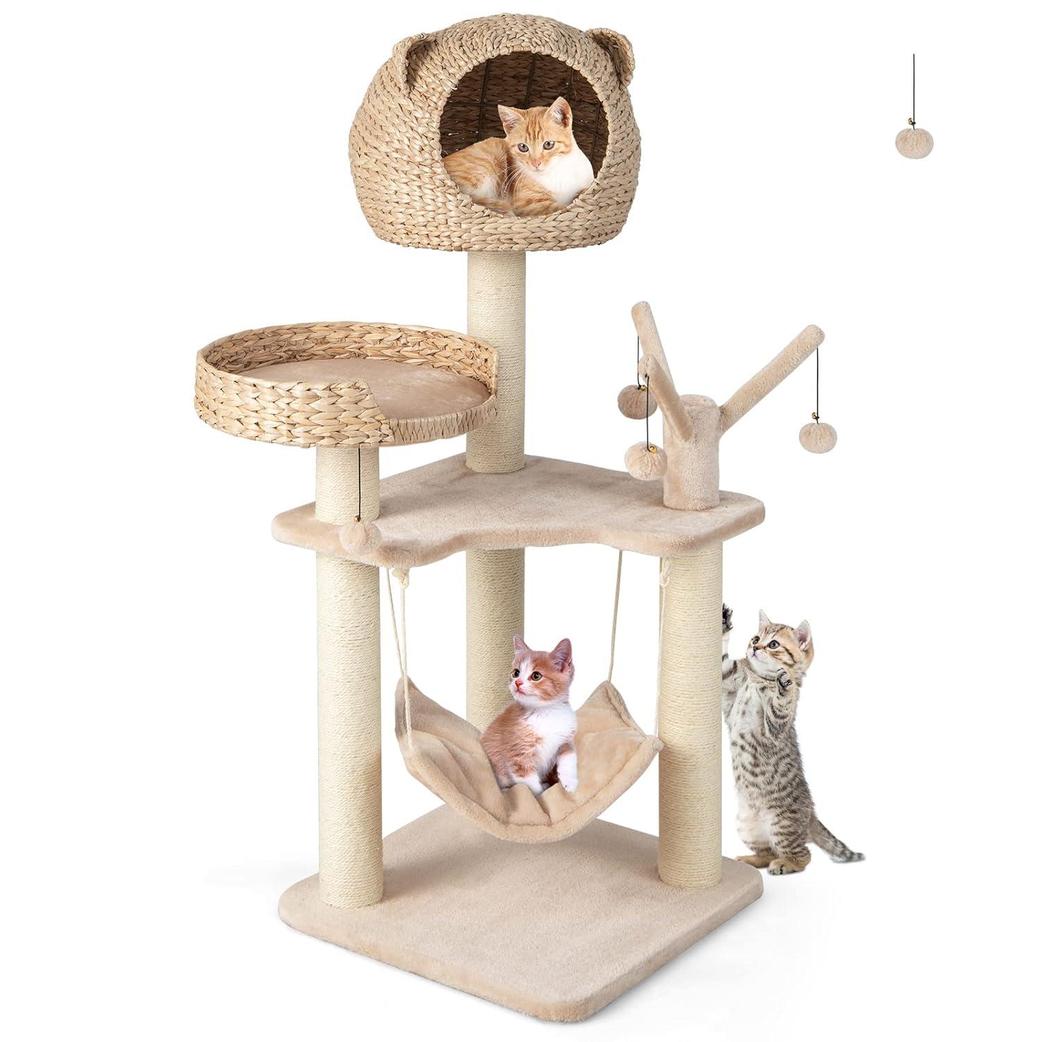 Tangkula 48" Cattail Cat Tower w/ Sisal Scratching Posts Perch Condo Basket Bed Ladder