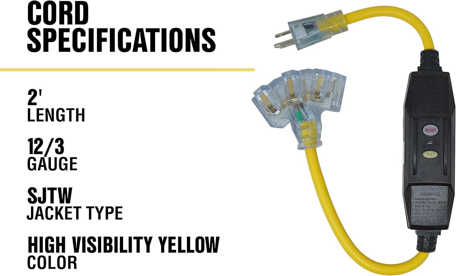 Yellow Jacket Indoor or Outdoor 2 ft. L Yellow Triple Outlet Cord 12/3 SJTW