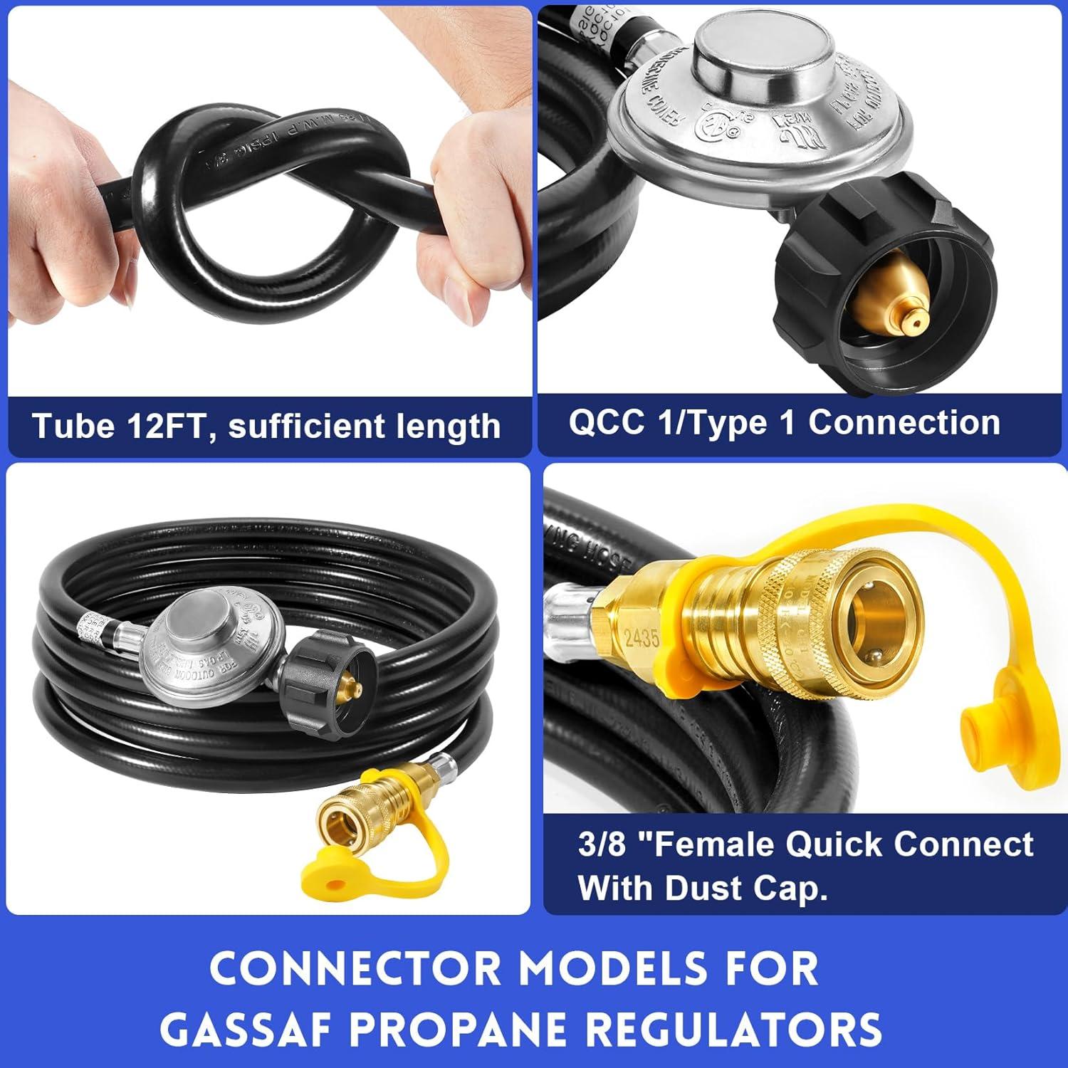 Uscover 12ft Propane Hose with Regulator -3/8 Quick Connect Disconnect and QCC1 Replacement for Mr. Heater Big Buddy Heater , Type 1 Connection x Quick Connect Fittings