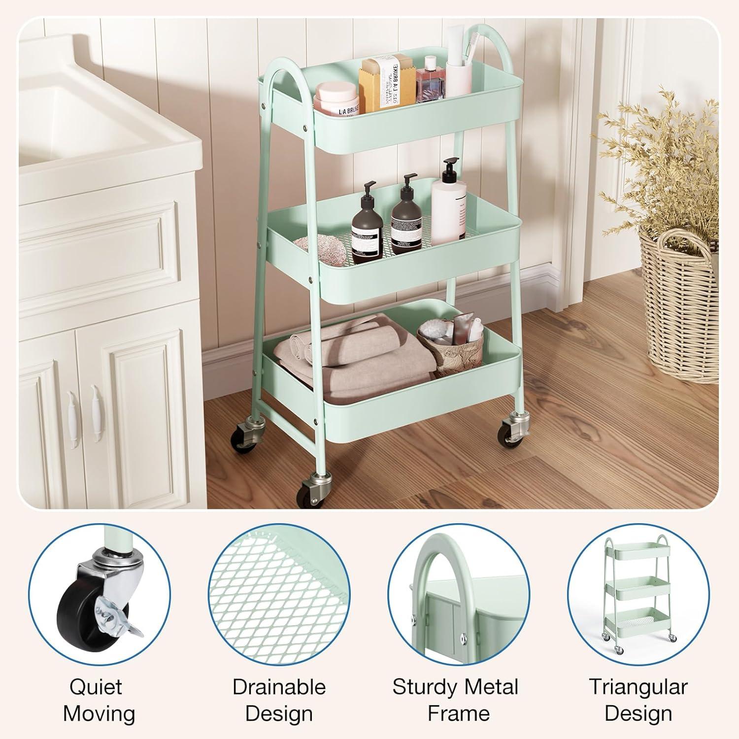 Green Metal 3-Tier Rolling Utility Cart with Lockable Wheels