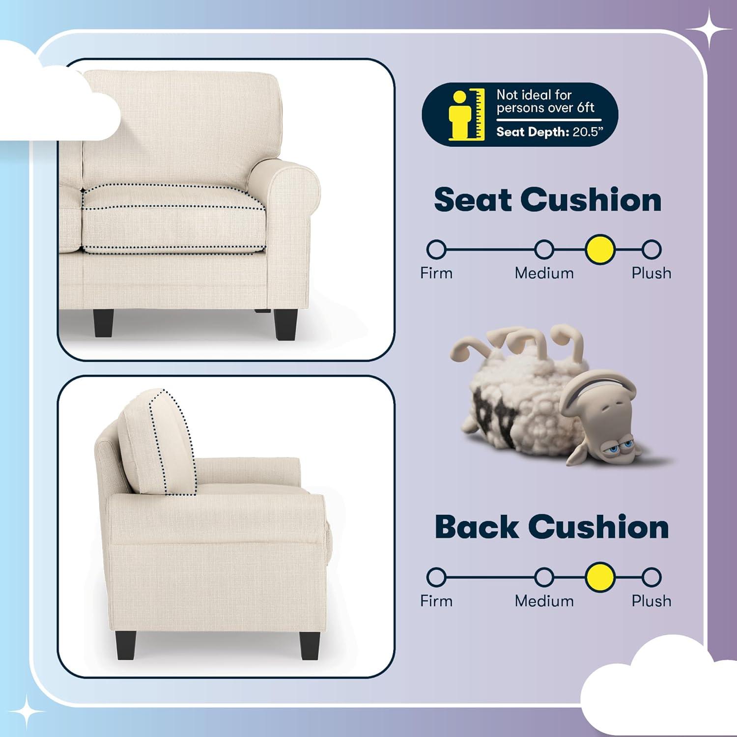 Serta Copenhagen 61" Rolled Arm Sofa, Easy Care Fabric, Soft Pillow Back, Pocket Coil Seat Cushions