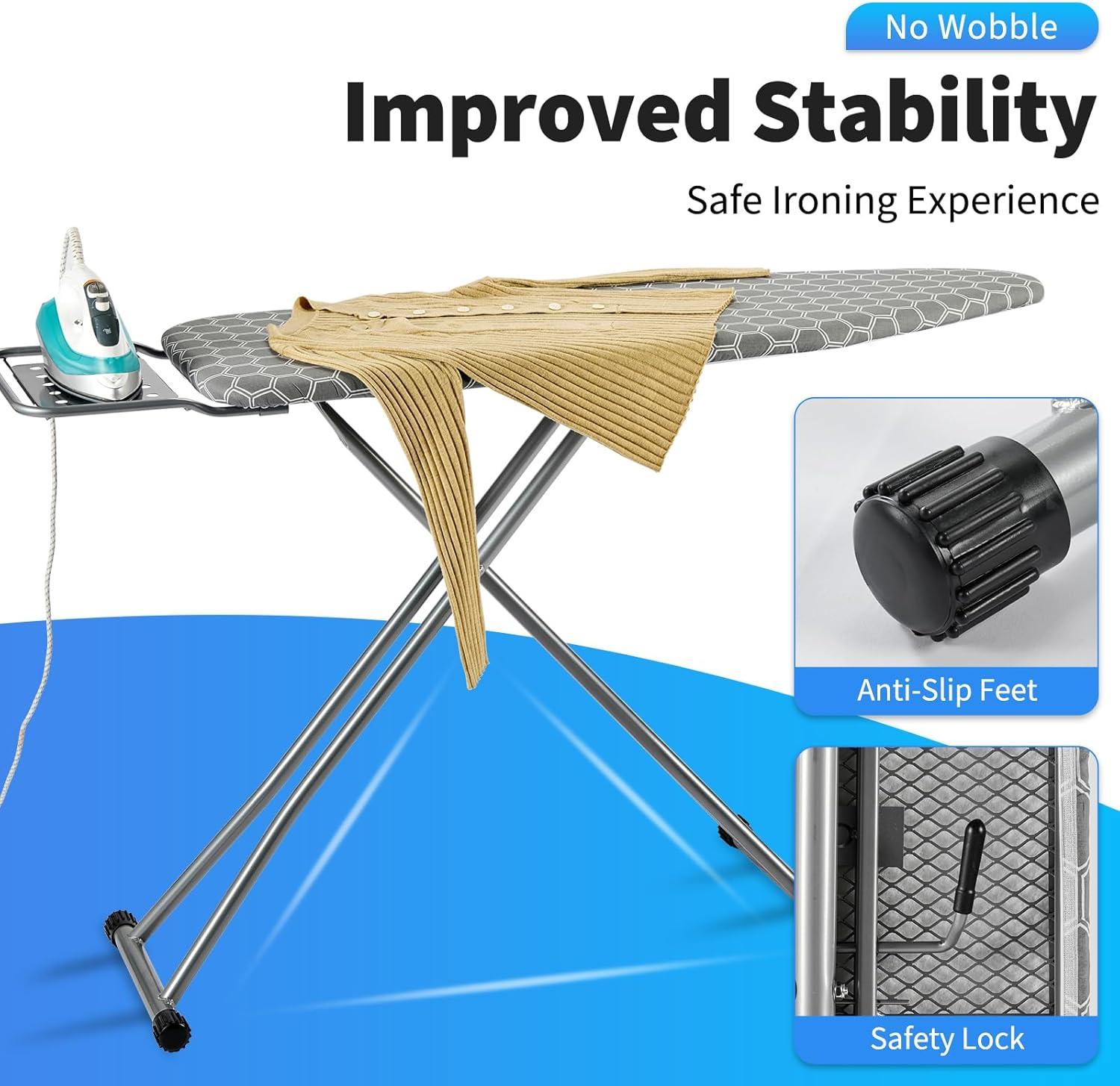 Full Size Ironing Board 57" L X15 W, Large Wide Sturdy Ironing Board with Iron Rest, Foldable Adjustable Iron Board with Heat Resistant Cover, Enhanced Stability (Silver Gray)