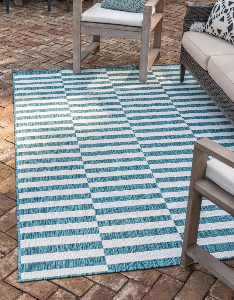 Unique Loom Outdoor Striped Collection Area Rug - Striped (5' 1" x 8' Rectangle Teal/Ivory)