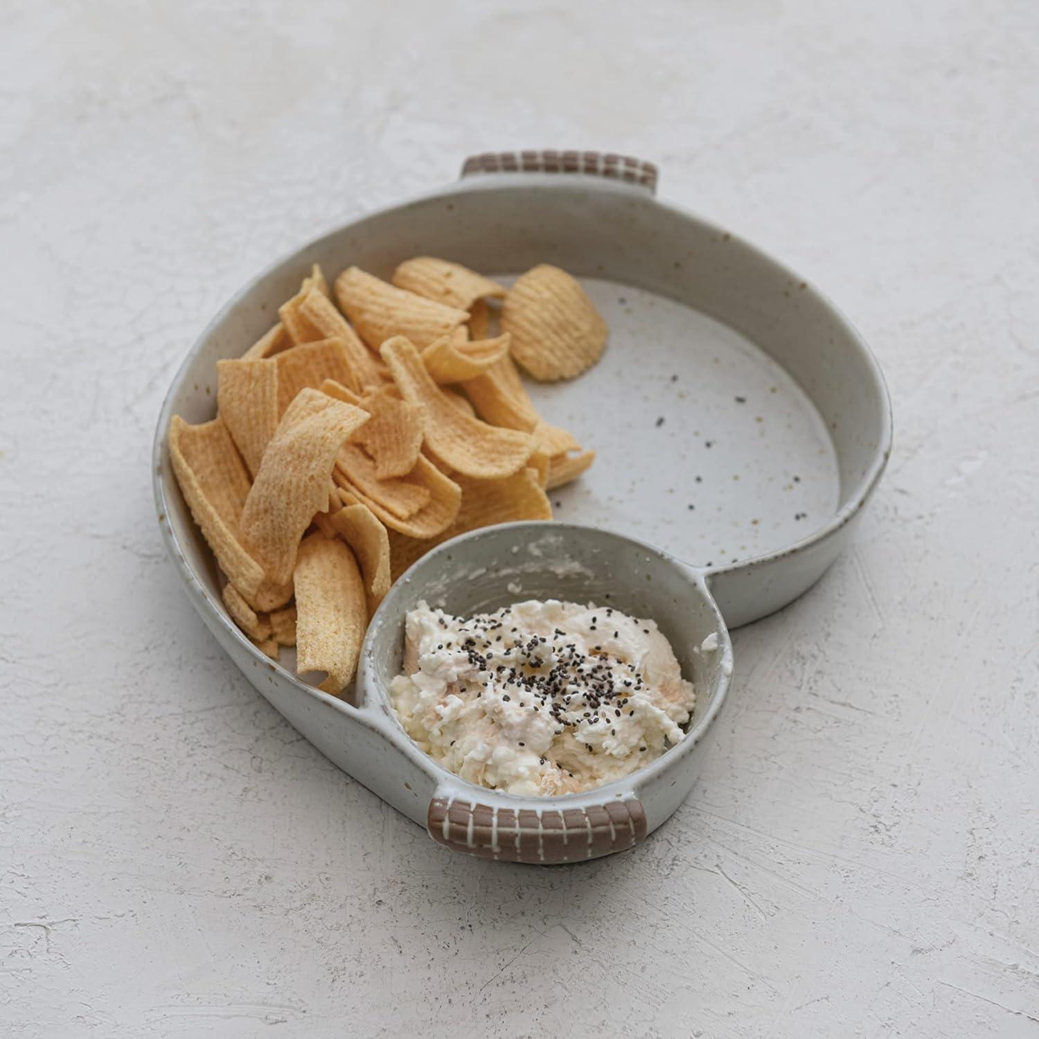 Creative Co-Op Farmhouse Stoneware Chip and Dip with Handles, Ivory