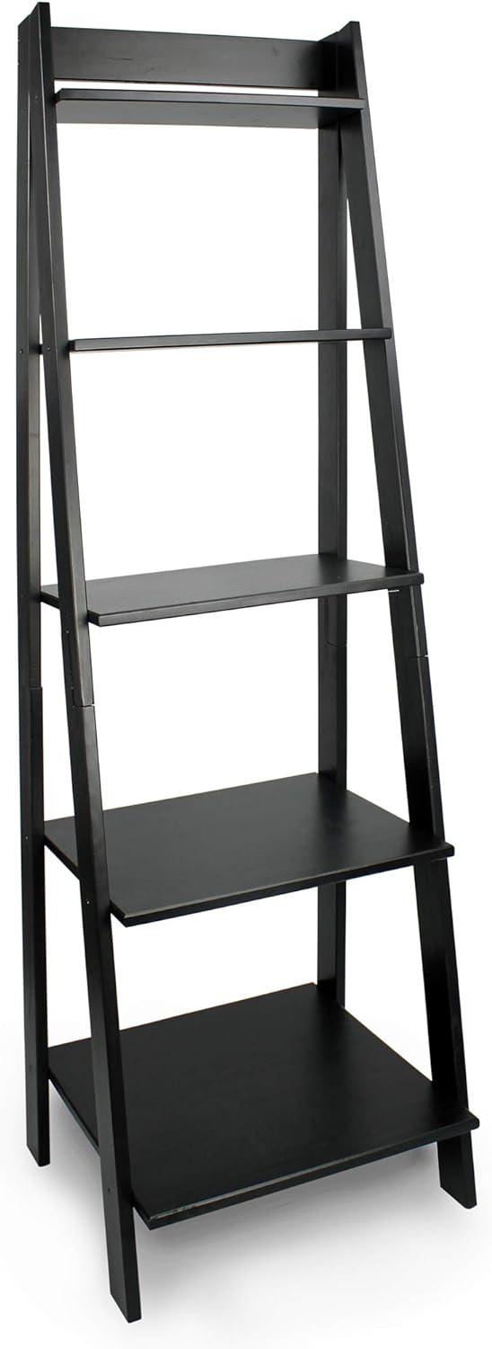 Sleek Black Solid Wood 5-Shelf Freestanding Ladder Bookcase