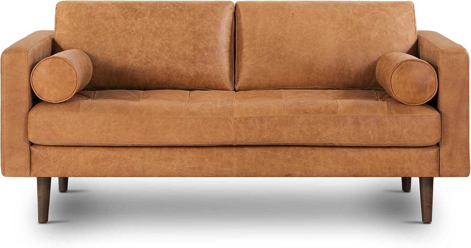 Cognac Tan Tufted Leather Lawson Sofa with Wood Legs
