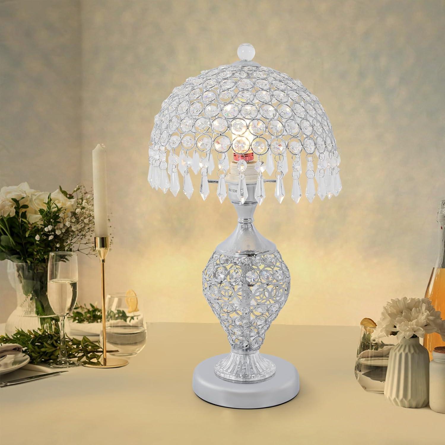 Modern Crystal Table Lamp 18in High Nightstand Table Lamp Bedside End Table Lamp Decorative Room Desk Lamp Crystal Desk Night Light for Bedroom, Living Room