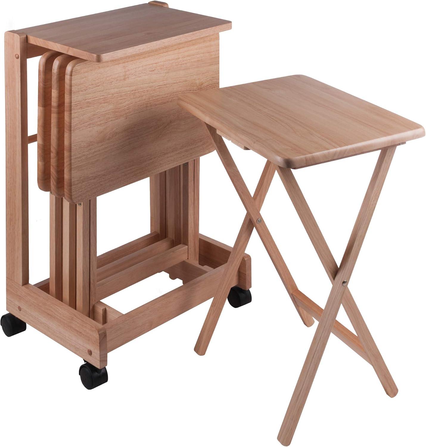 Natural Wood 5-Piece Snack Table Set with Serving Cart