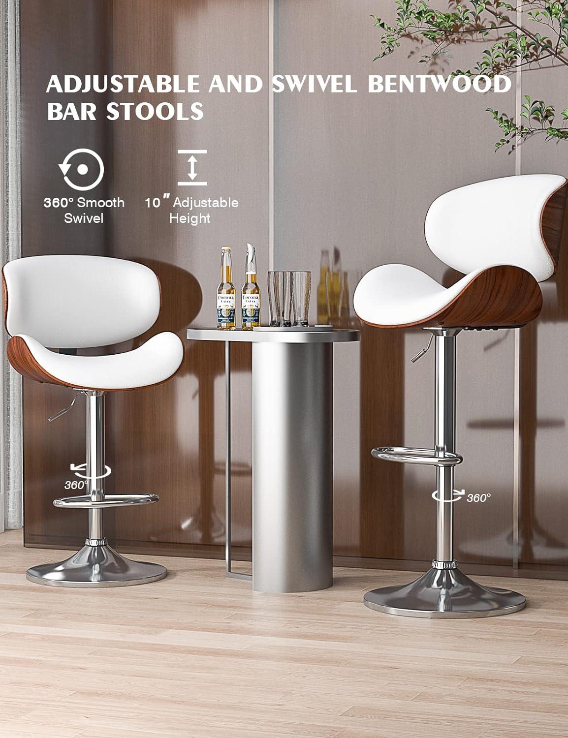 Bar Stools Set of 2, Bentwood Adjustable Height Swivel Bar Stools, PU Leather Upholstered Bar Chair with Back and Footrest for Bar, Kitchen, Dining Room, White