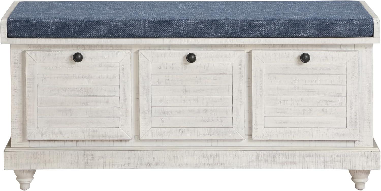 Dover Storage Bench in Wood Distress White with Navy Fabric Cushion ASM