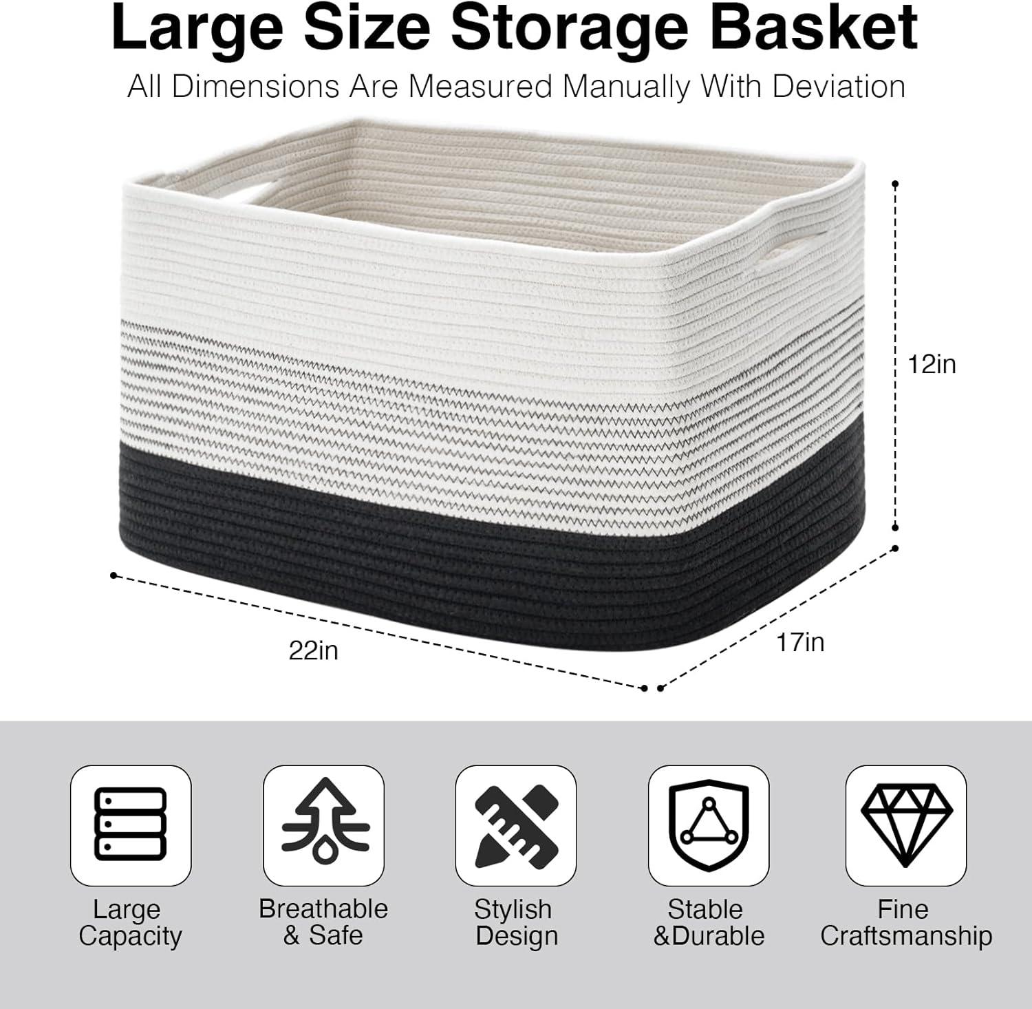 Large Black and White Cotton Rectangular Storage Basket