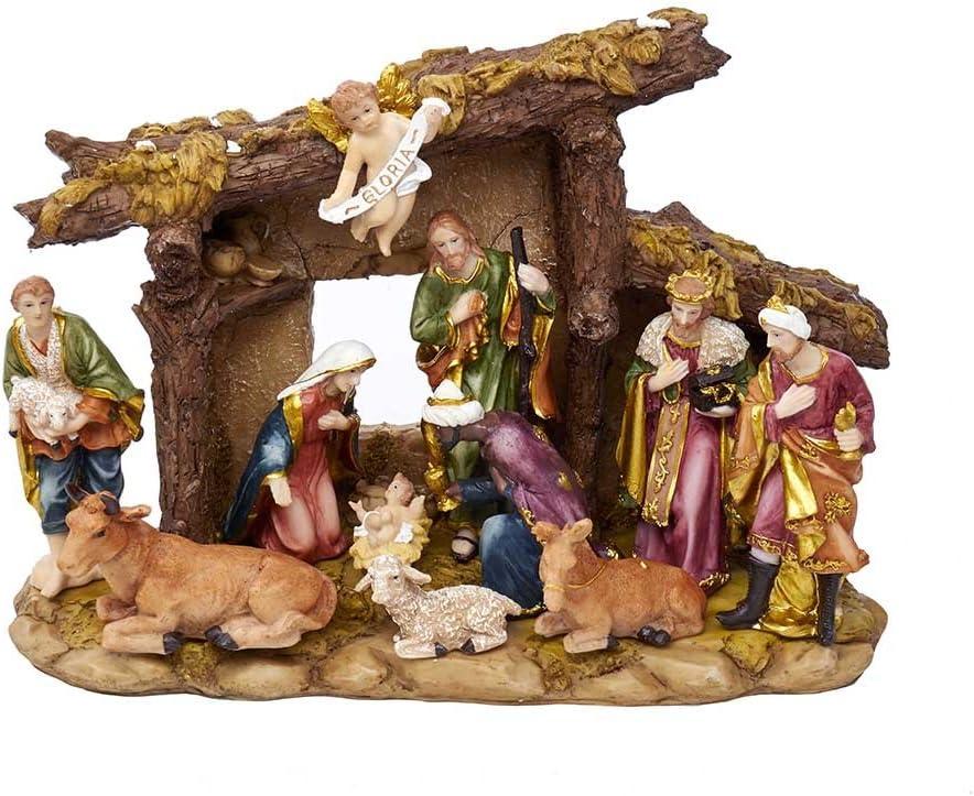 Kurt Adler Resin Nativity Set with Figures and Stable - 11-Piece Set