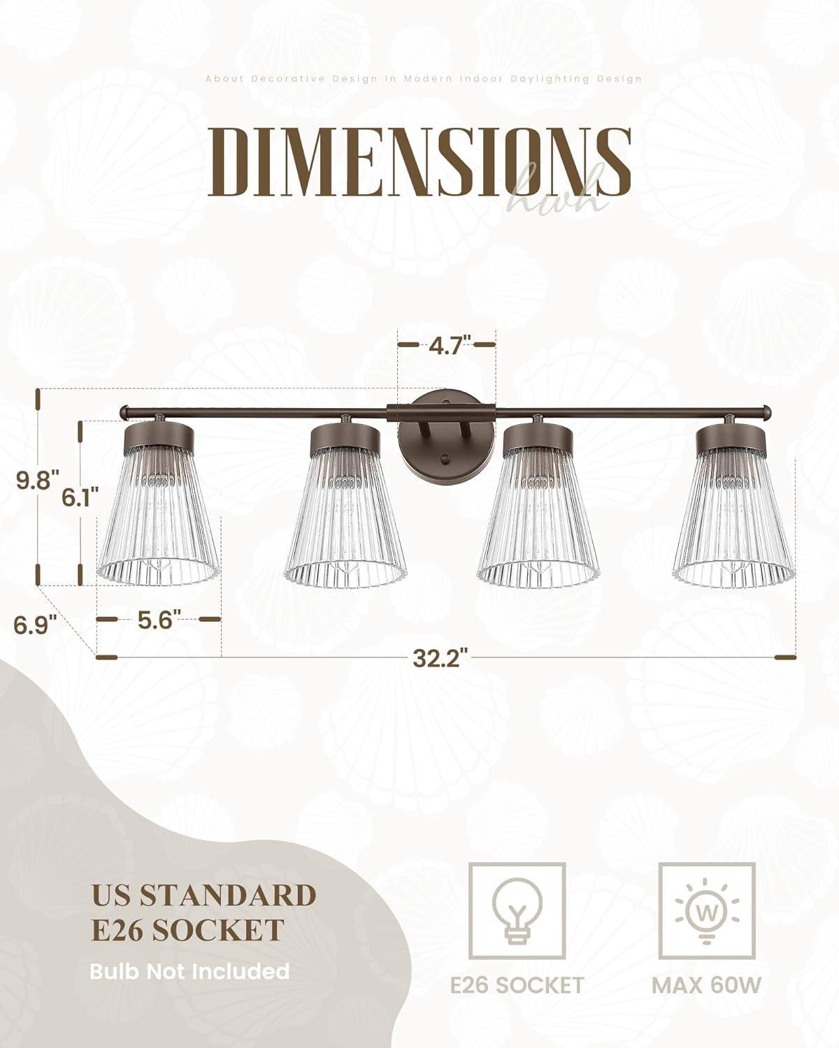 4-Light Bathroom Vanity Light, HWH Oil-Rubbed Bronze Bathroom Light Fixtures Farmhouse Vanity Lamp Over Mirror with Clear Striped Glass Shade, 5HZG97B-4W ORB