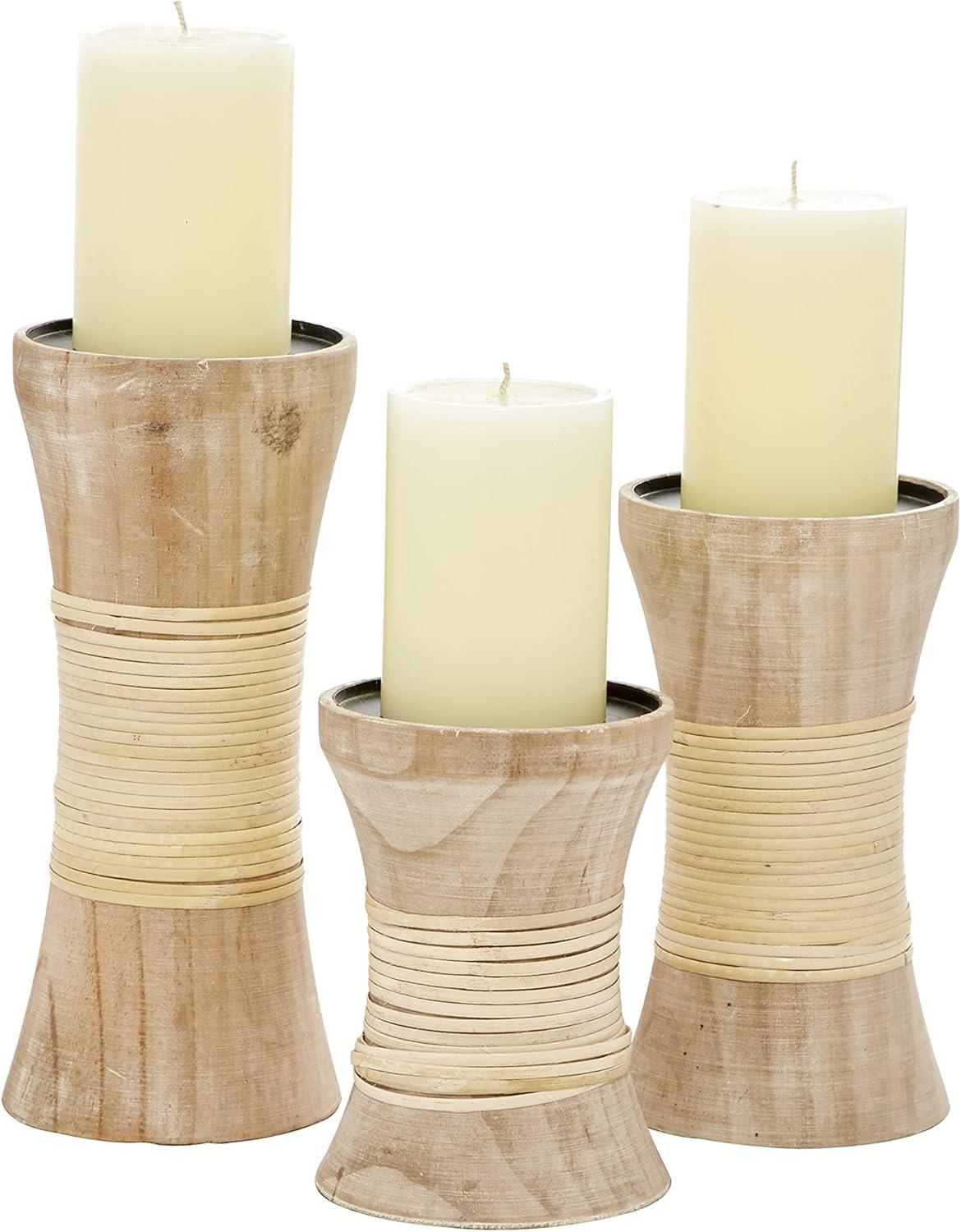 DecMode Indoor 10", 8", 6"H Coastal Wood Candle Holder, Brown, 3 - Pieces