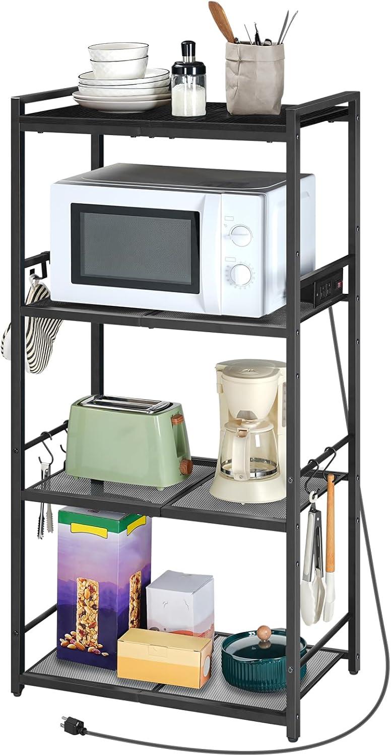 Black Metal 4-Tier Bakers Rack with Power Outlet