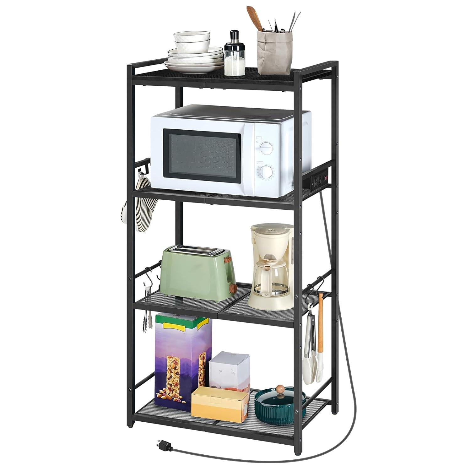 Bakers Rack with Power Outlet, Microwave Stand with Hooks, Multifunctional Storage Rack, Coffee Bar with Enclosure, Kitchen Storage Shelf, for Kitchen, Dining Room, Black BRHB40E01
