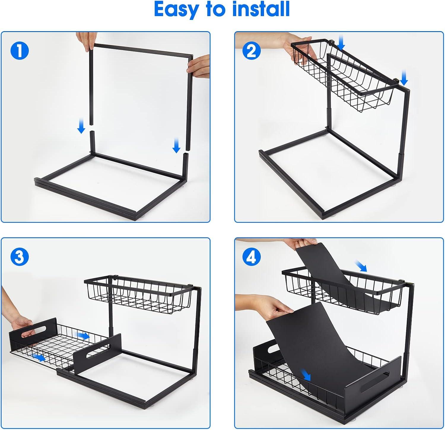 Black Steel 2-Tier Sliding Cabinet Organizer with Drawers