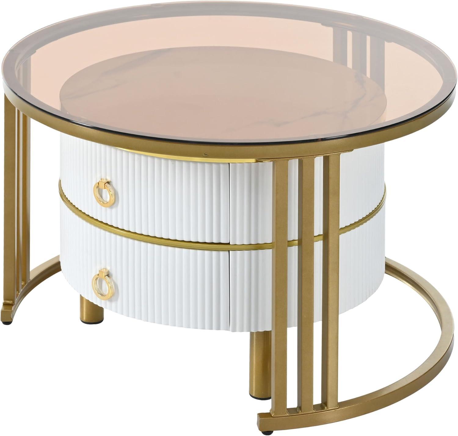 Modern Round Nesting Coffee Table Fluted with Drawer Multiple End Tables Utility Table Telephone Table for Living Room Office Bedroom Balcony, White & Gold