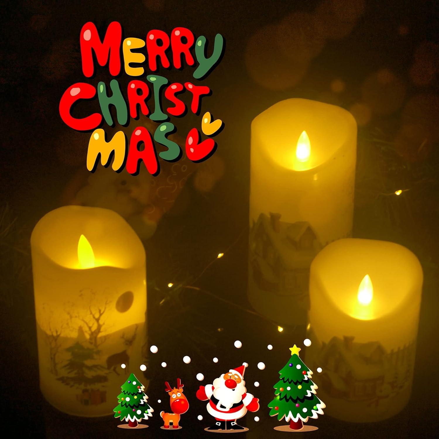 CANDLE CHOICE Christmas Flameless Candles with Remote Timer Real Wax Realistic Flickering Battery Operated Electric LED Pillars with Decals Reindeer Snowman Xmas Tree for Holiday Decorations 3 Pack
