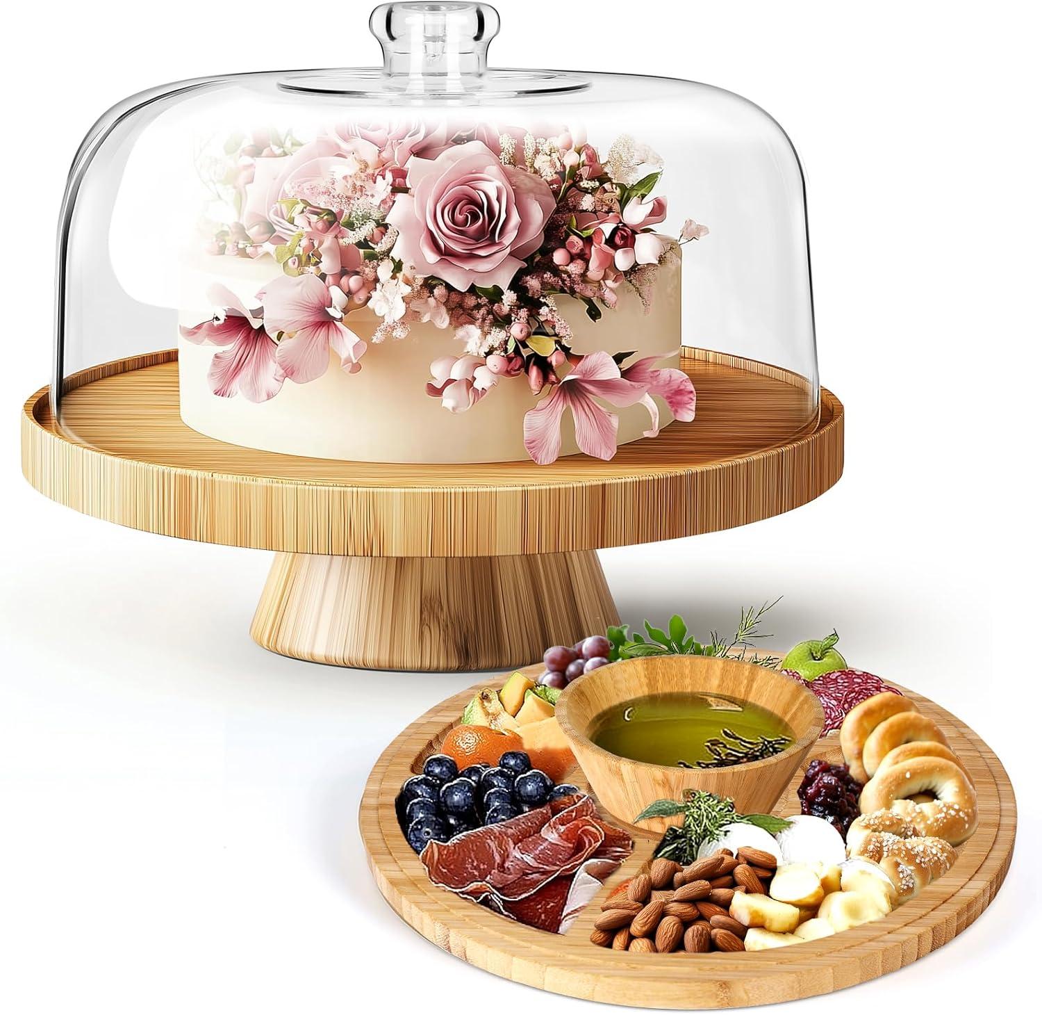MASTERTOP Cake Stand with Dome Cover - 6 in 1 Cake Stand with Lid, Multi-Functional Wood Serving Platter/Cake Plate/Salad Bowl/Nachos/Punch Bowl, Wedding Cake Stands for Dessert Table