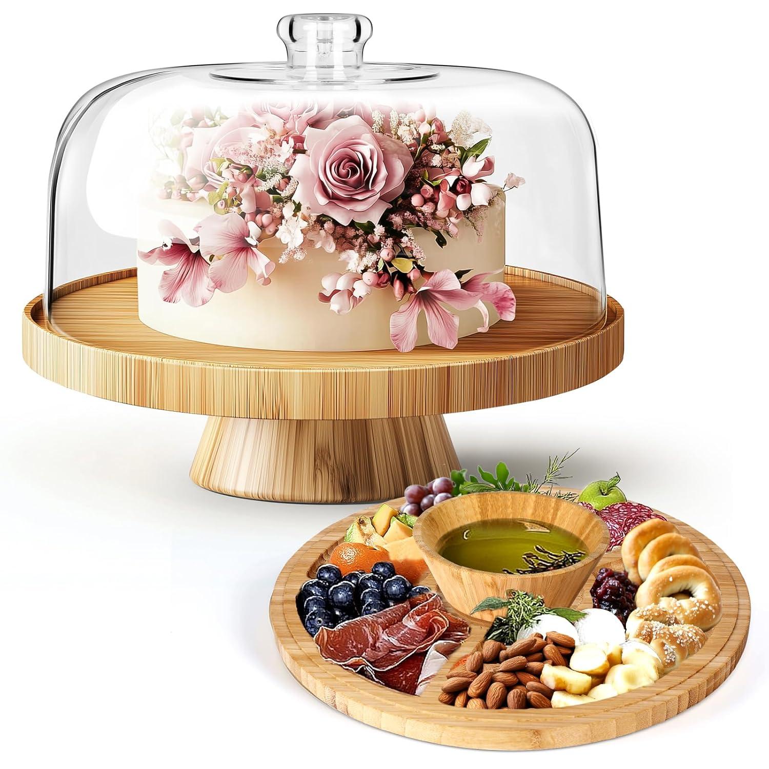 MASTERTOP Cake Stand with Dome Cover - 6 in 1 Cake Stand with Lid, Multi-Functional Wood Serving Platter/Cake Plate/Salad Bowl/Nachos/Punch Bowl, Wedding Cake Stands for Dessert Table