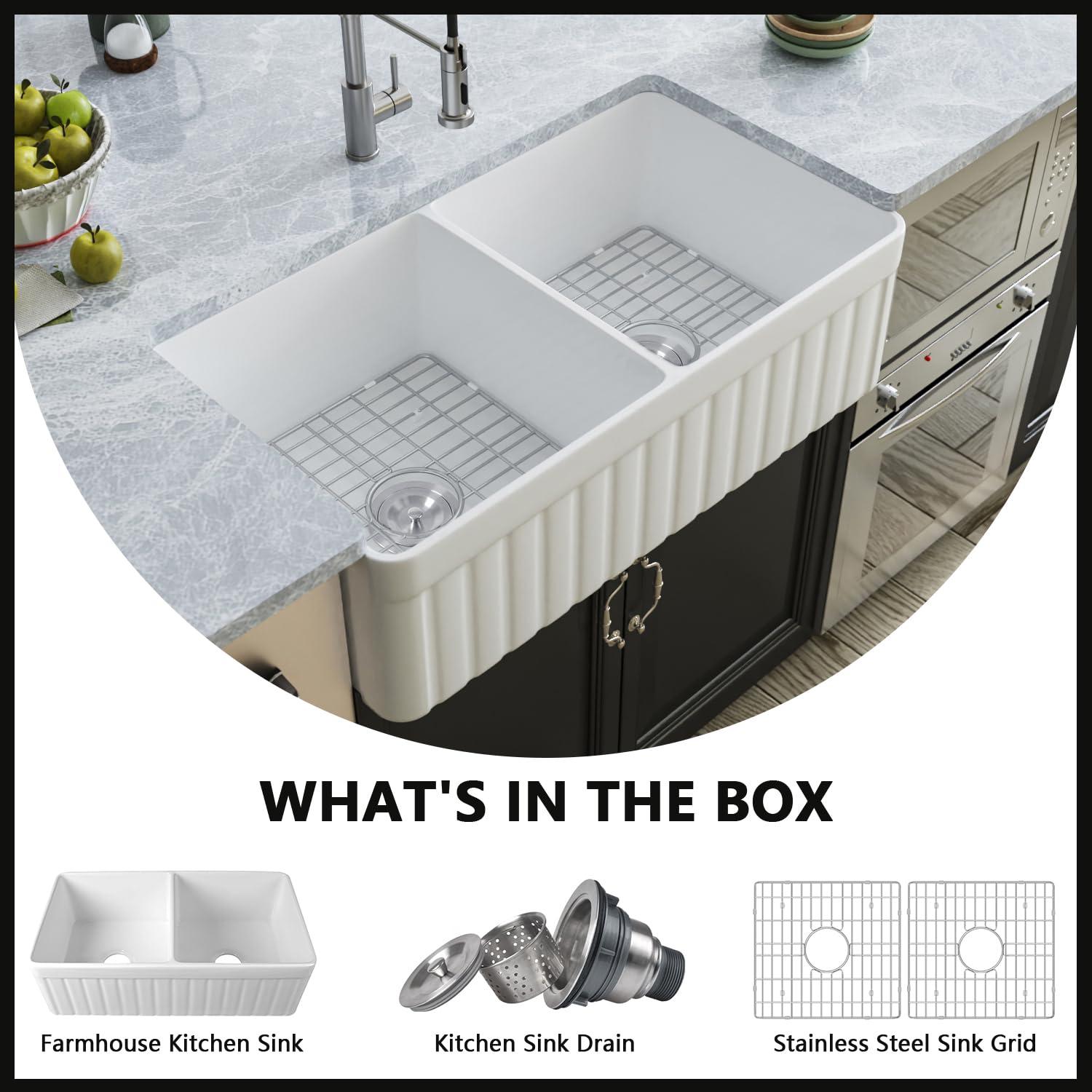 Nova 33" L x 18" W Double Bowl Fireclay Farmhouse Kitchen Sink with Sink Grid and Basket Strainer