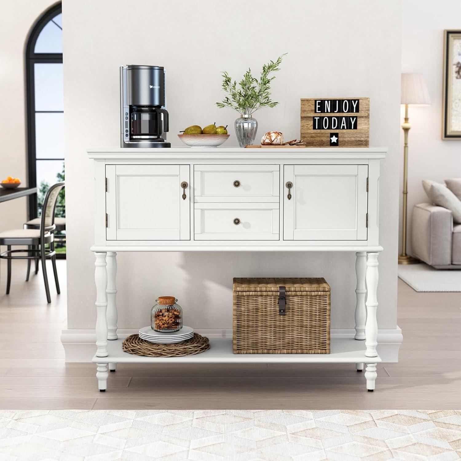 Antique White Wood Console Table with Glass Doors and Storage