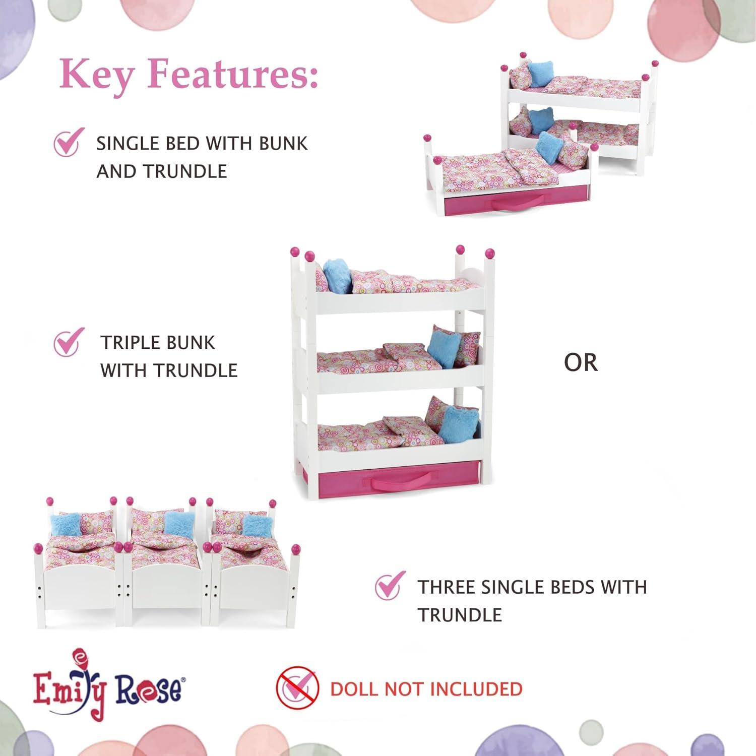 Emily Rose 18 Inch Doll Clothes Bunk - 18" Doll Stackable Triple Bunkbed Gift Set  | 18" Doll Bed with Doll Clothing Storage Drawer and 3 - 4 PC Doll Bedding Accessory Sets | Fits American Girl Dolls