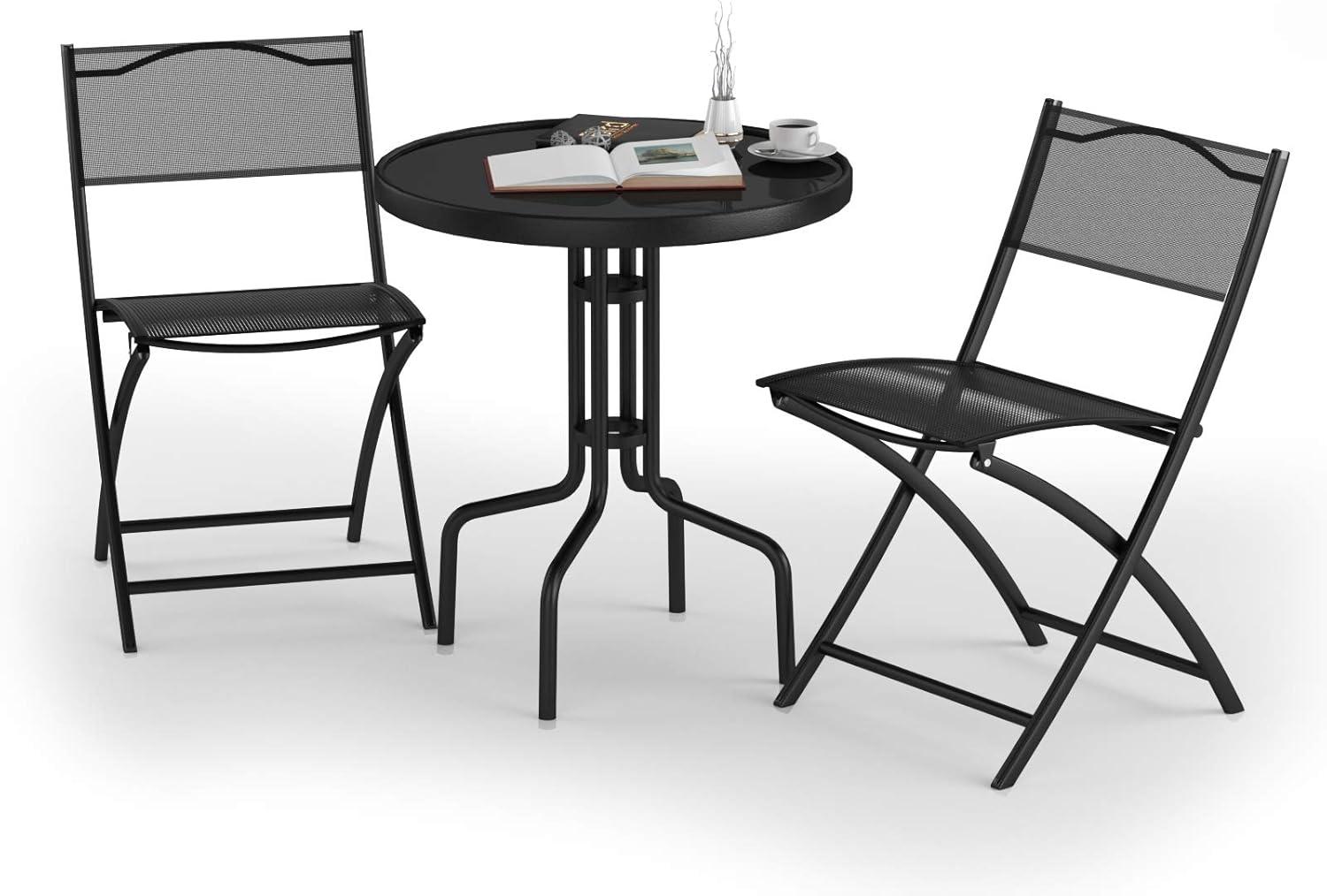 Black Metal and Glass 3-Piece Bistro Set with Folding Chairs