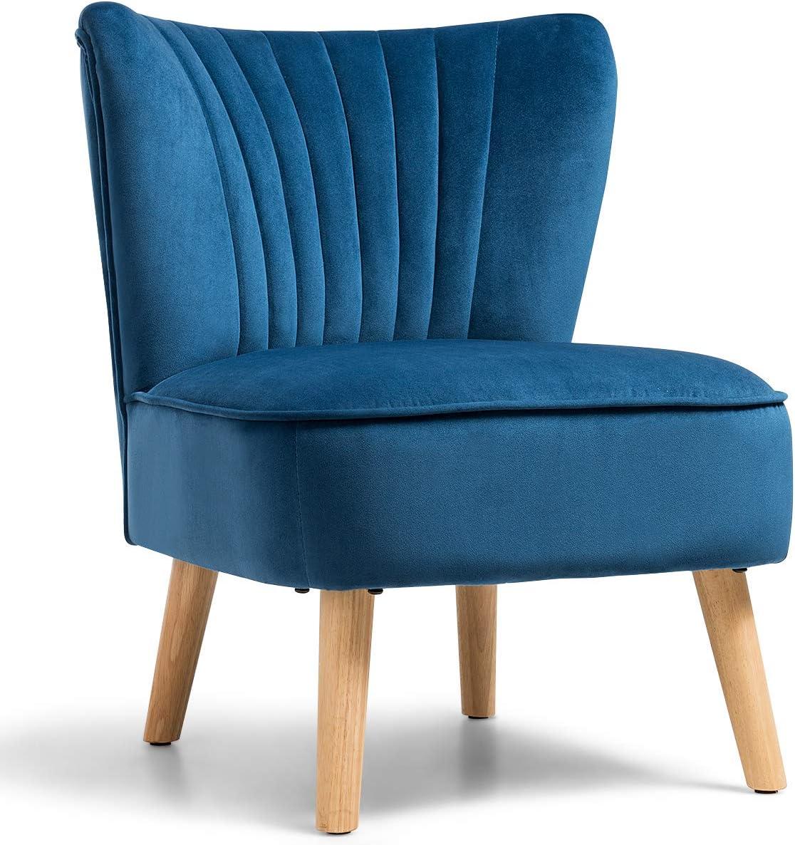 Yardi Yard Modern Armless Velvet Accent Chair with Wood Legs-Blue, Vanity Chair for Bedroom Desk