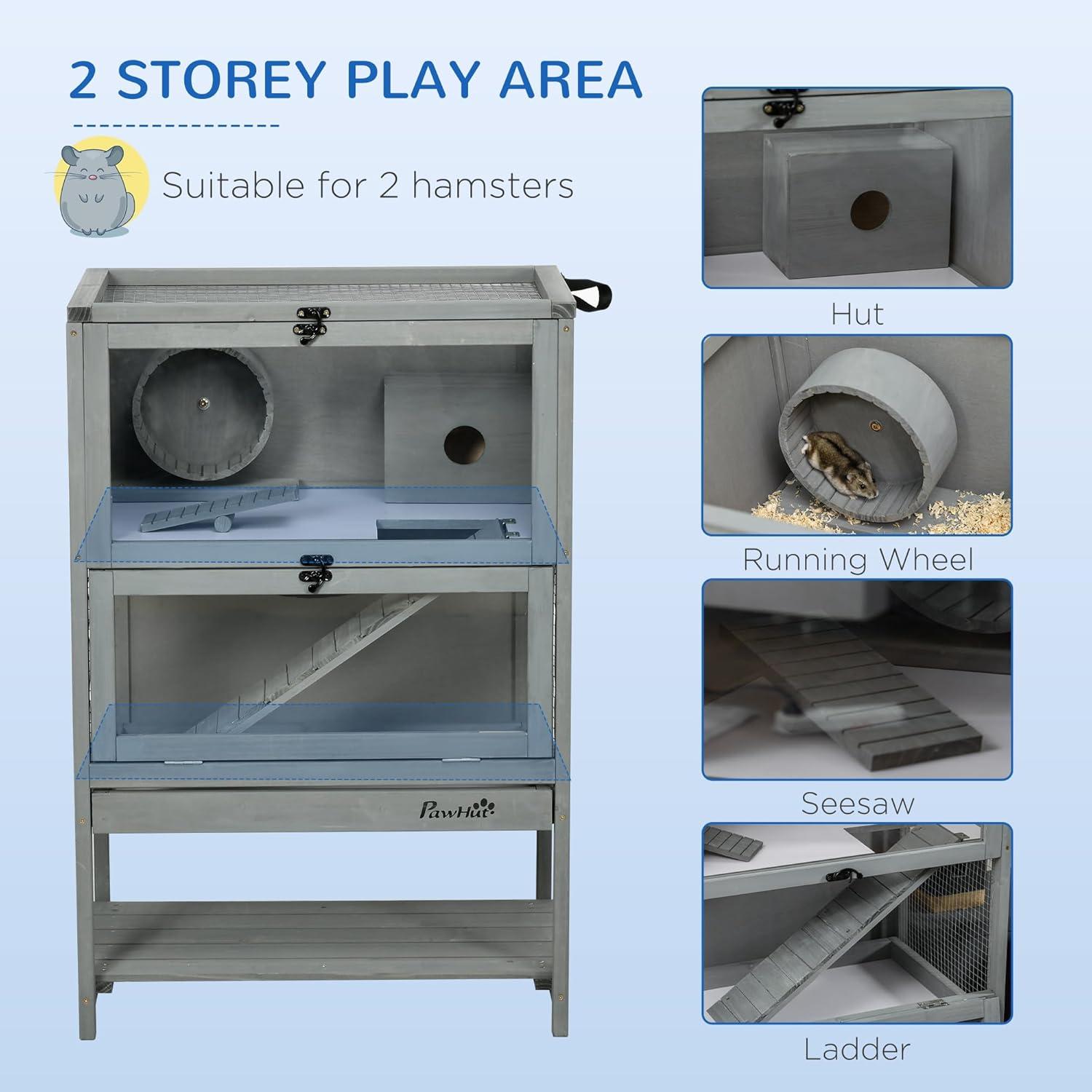 Gray Wooden Multi-Level Hamster Cage with Storage Shelf