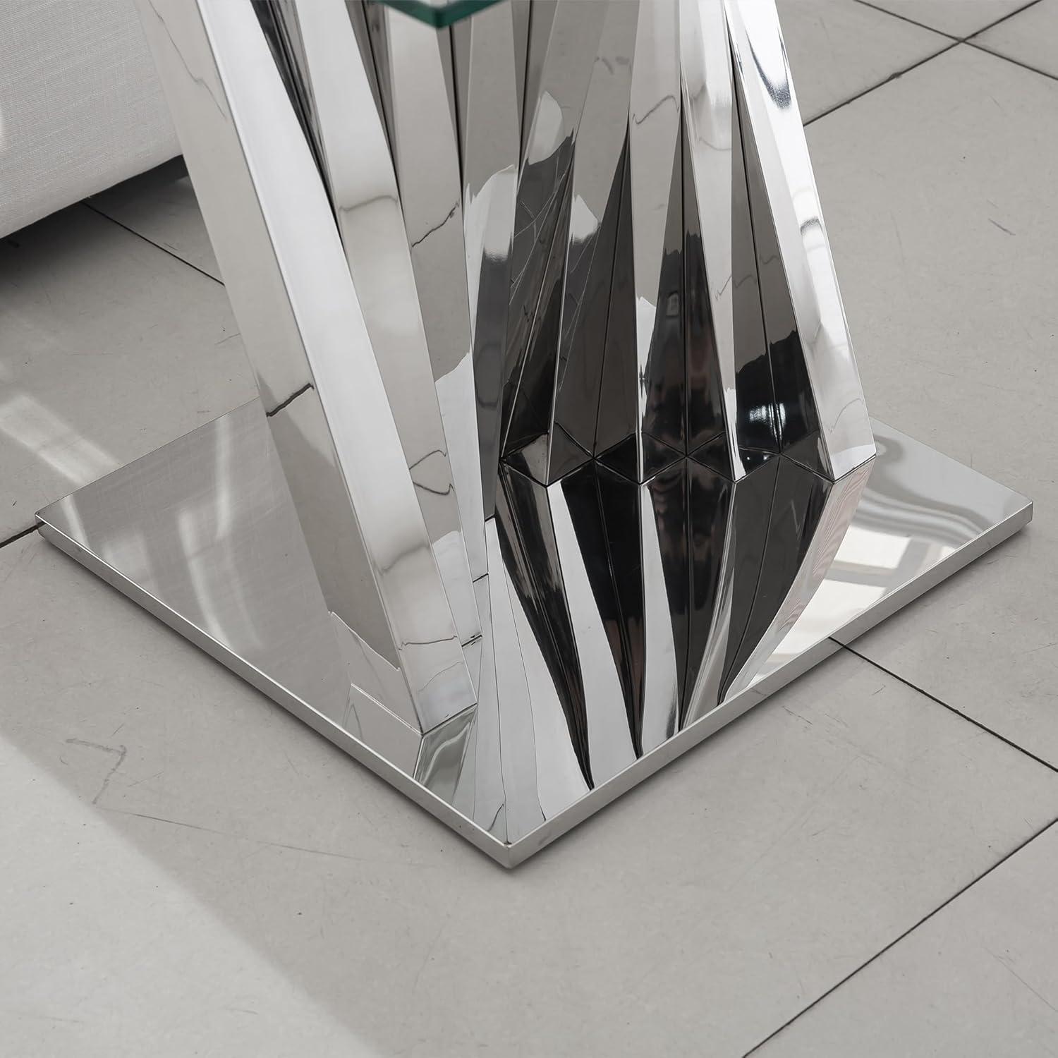 Ssline Silver Mirror Finish Stainless Steel Base End Table with Tempered Glass Top,Size 22.84*22.84*21.65