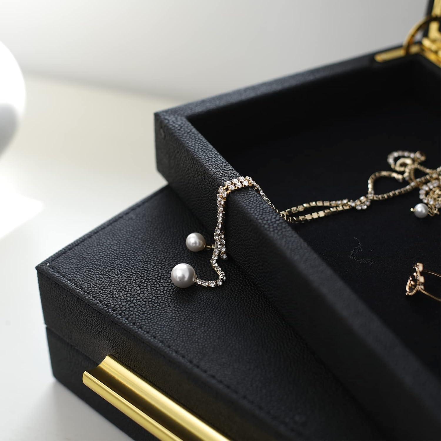 Faux  Leather Decorative Jewelry Storage Nesting Organizer Boxes with Lids Gold Handle Set of 3, Black