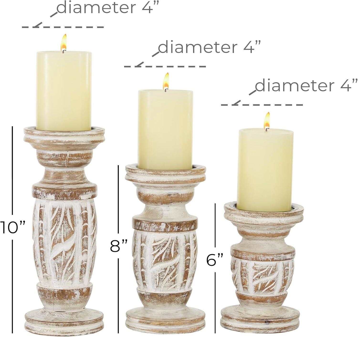 DecMode White Wash Wood Country Cottage Candle Holder Set of 3-Pieces, 6", 8",10"H