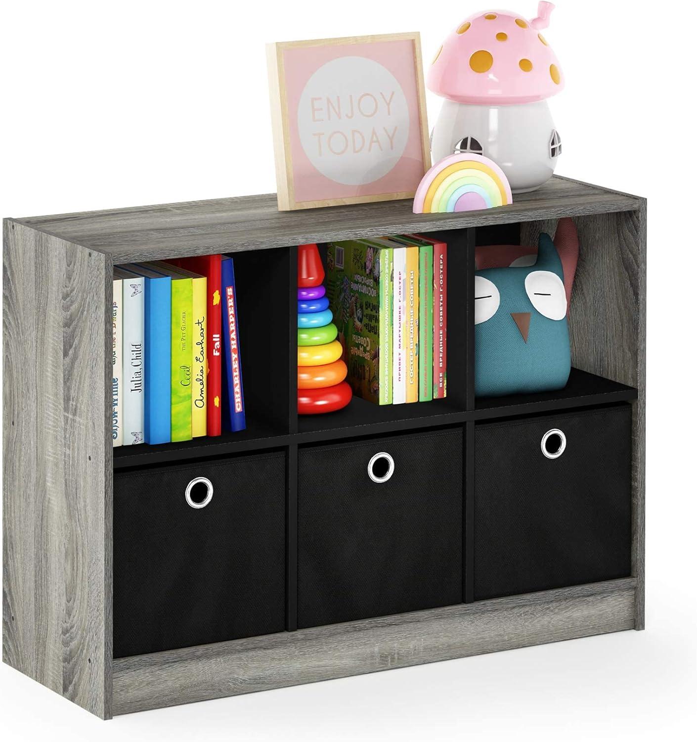 Gray Oak and Black 34" Modern Bookcase with Fabric Drawers