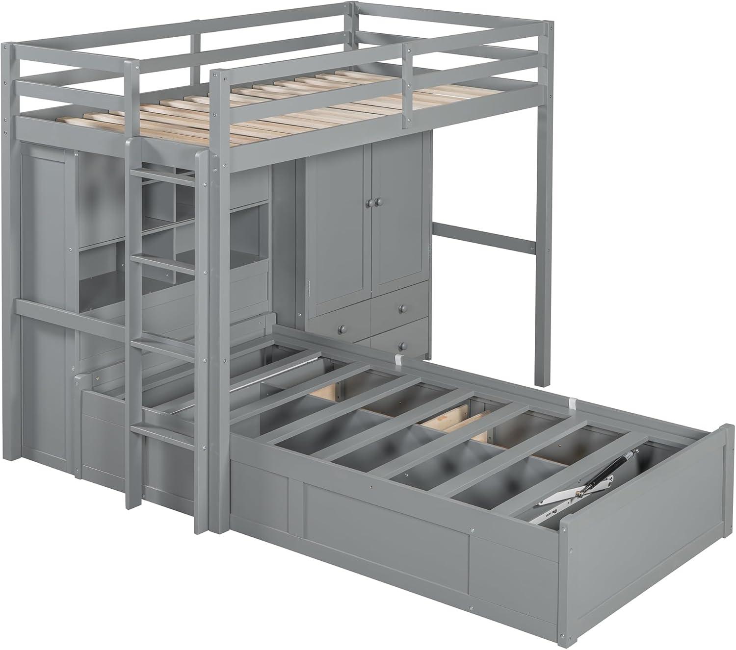 yuanhuan Twin Bunk Bed With Drawers, Wardrobe, Storage Shelves And Hydraulic Bed