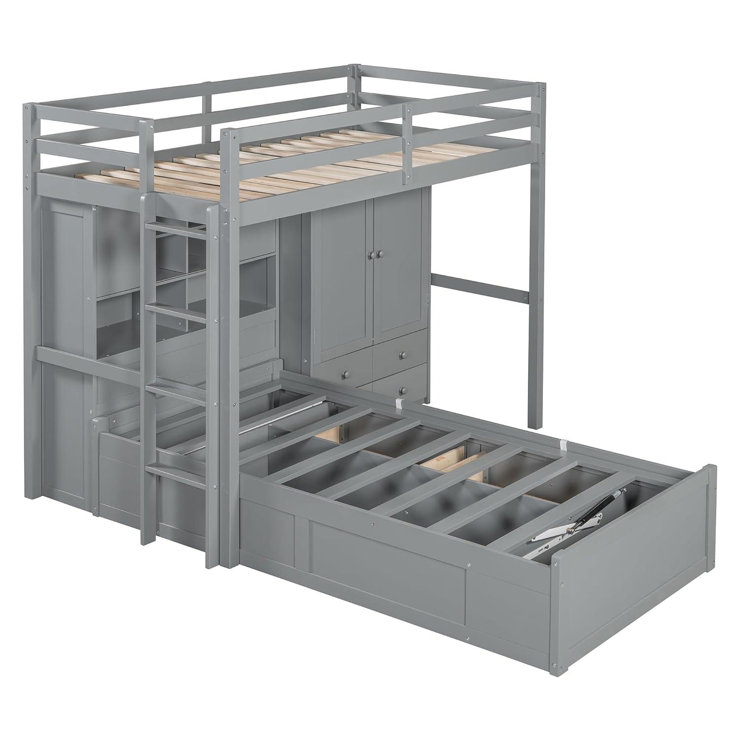 yuanhuan Twin Bunk Bed With Drawers, Wardrobe, Storage Shelves And Hydraulic Bed