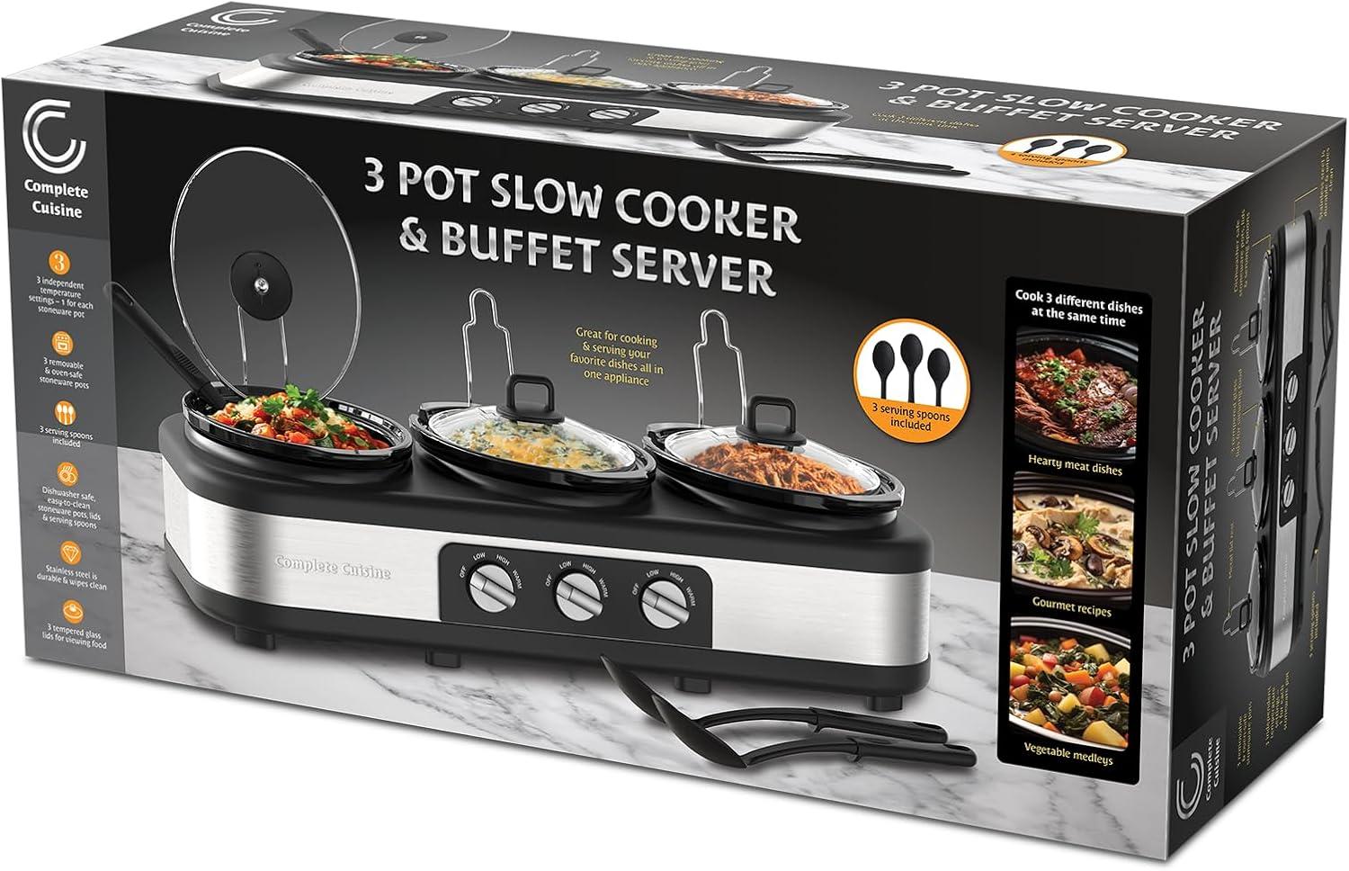 Complete Cuisine Stainless Steel Triple Slow Cooker, Buffet Food Server with Removable Ceramic Pots, Glass Lids for Kitchen, 2.5 Quart, Black/Silver