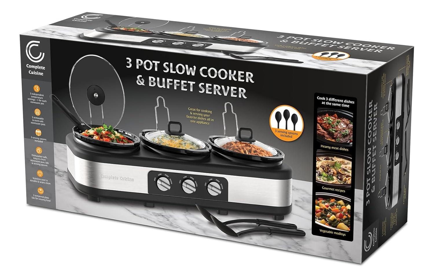 Complete Cuisine Stainless Steel Triple Slow Cooker, Buffet Food Server with Removable Ceramic Pots, Glass Lids for Kitchen, 2.5 Quart, Black/Silver