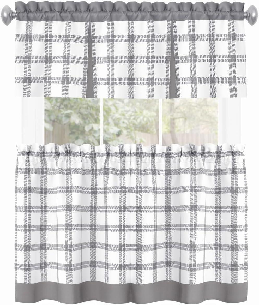 Achim Tate Plaid Light Filtering Tier and Valance Curtain Set, Grey, 58" x 24"