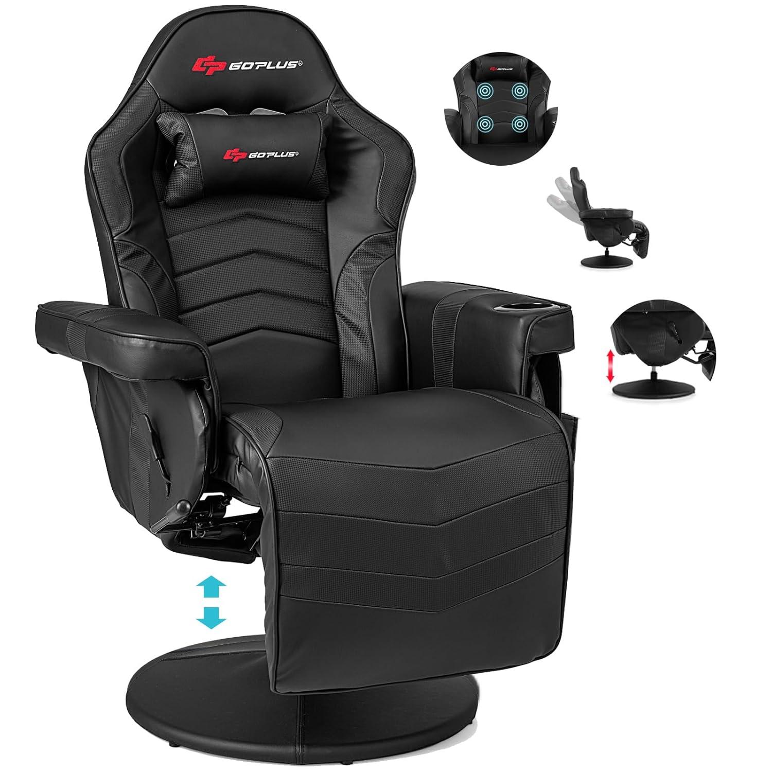 POWERSTONE Gaming Recliner Massage Gaming Chair with Footrest Ergonomic PU Leather Single Sofa with Cup Holder Headrest and Side Pouch, Adjustable Living Room Chair Seating, Black