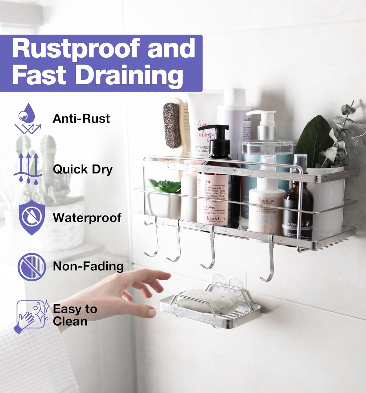 KINCMAX Premium Shower Caddy - Adhesive Bathroom Shower Organizer and Storage w/ 4 Hooks