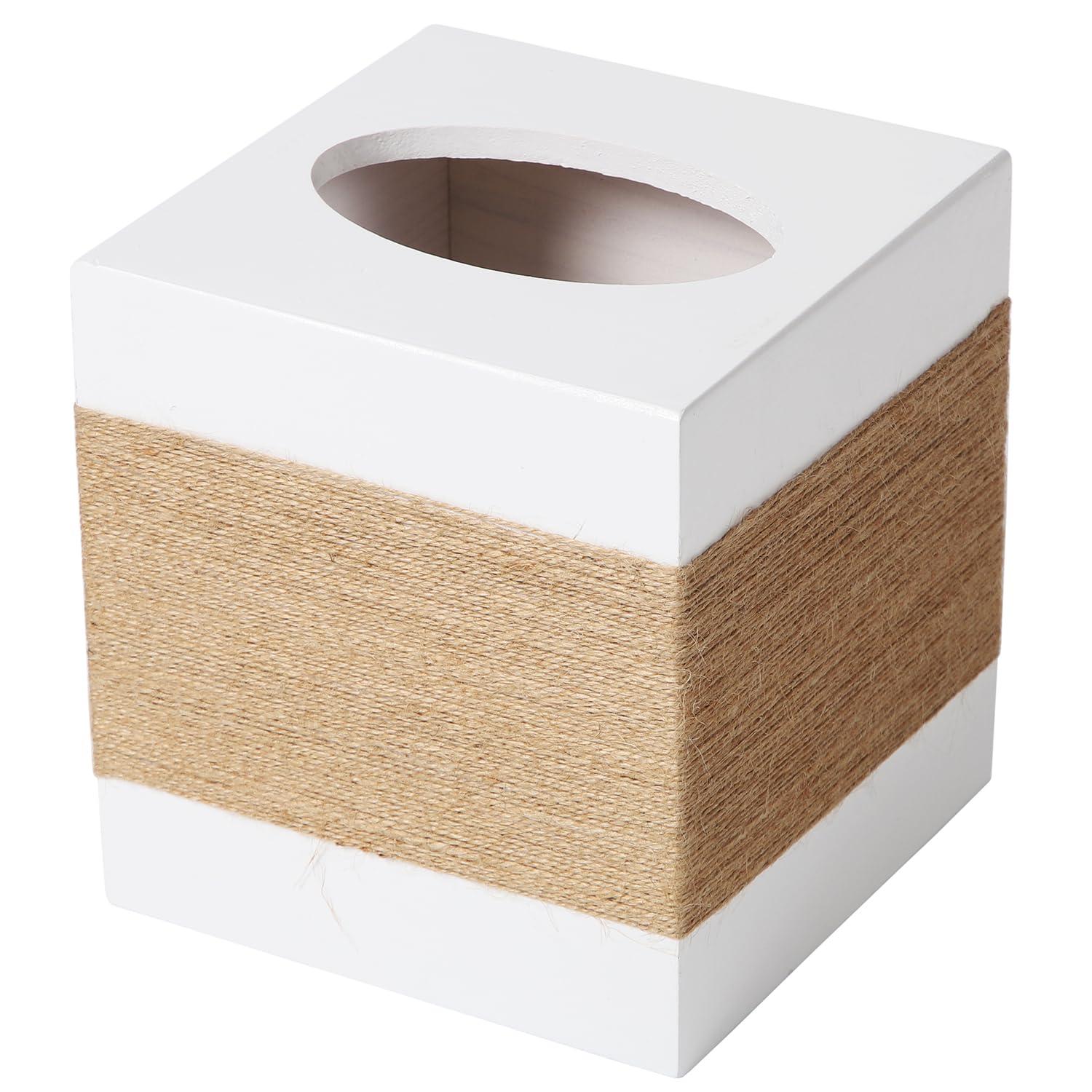 Tissue Box Cover, Wood Tissue Box Cover Square, Farmhouse Tissue Box Holder Covers Your Tissues, Decorative Tissue Cube Box Cover with Slide-Out Bottom (White)