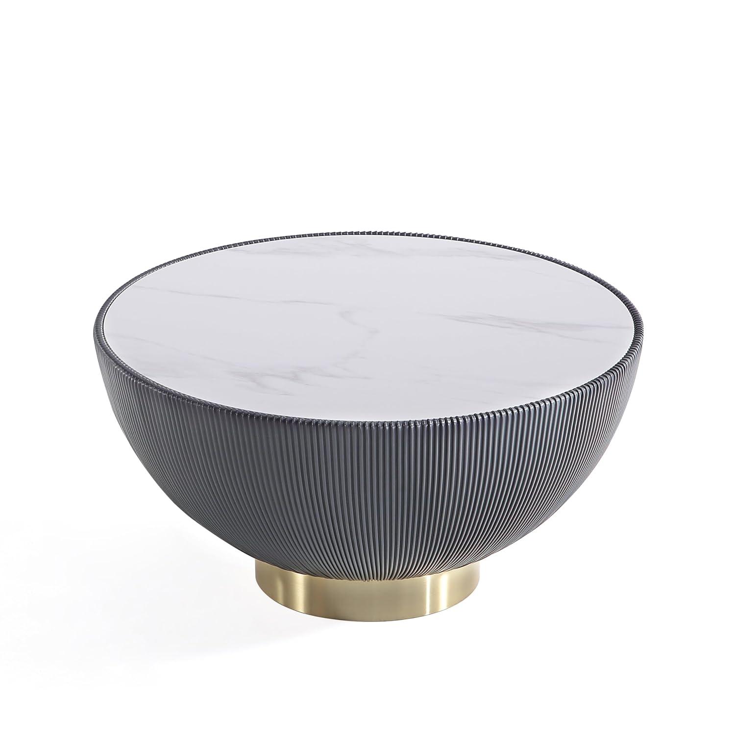 Manhattan Comfort 3pc Anderson Leatherette Upholstered Coffee Table and End Table Set: Gold Metal Finish, Round Shape